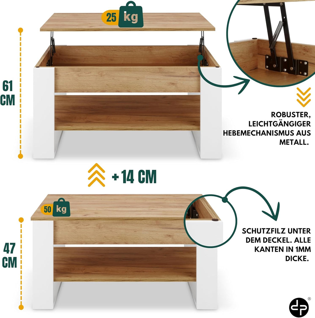 Couchtisch Höhenverstellbar mit Stauraum | Wohnzimmertisch Klappbar | Höhenverstellbarer Coffee Tabl