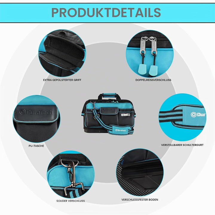 DURATECH Werkzeugtasche Elektriker Wasserdicht 43CM, Profi Werkzeugtasche mit breiter Öffnung & hohe