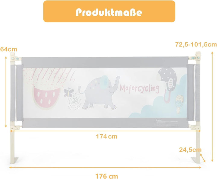 COSTWAY 175cm Bettgitter, 24 Stufen höhenverstellbares Babygitter mit doppeltem Verschluss & Reissve