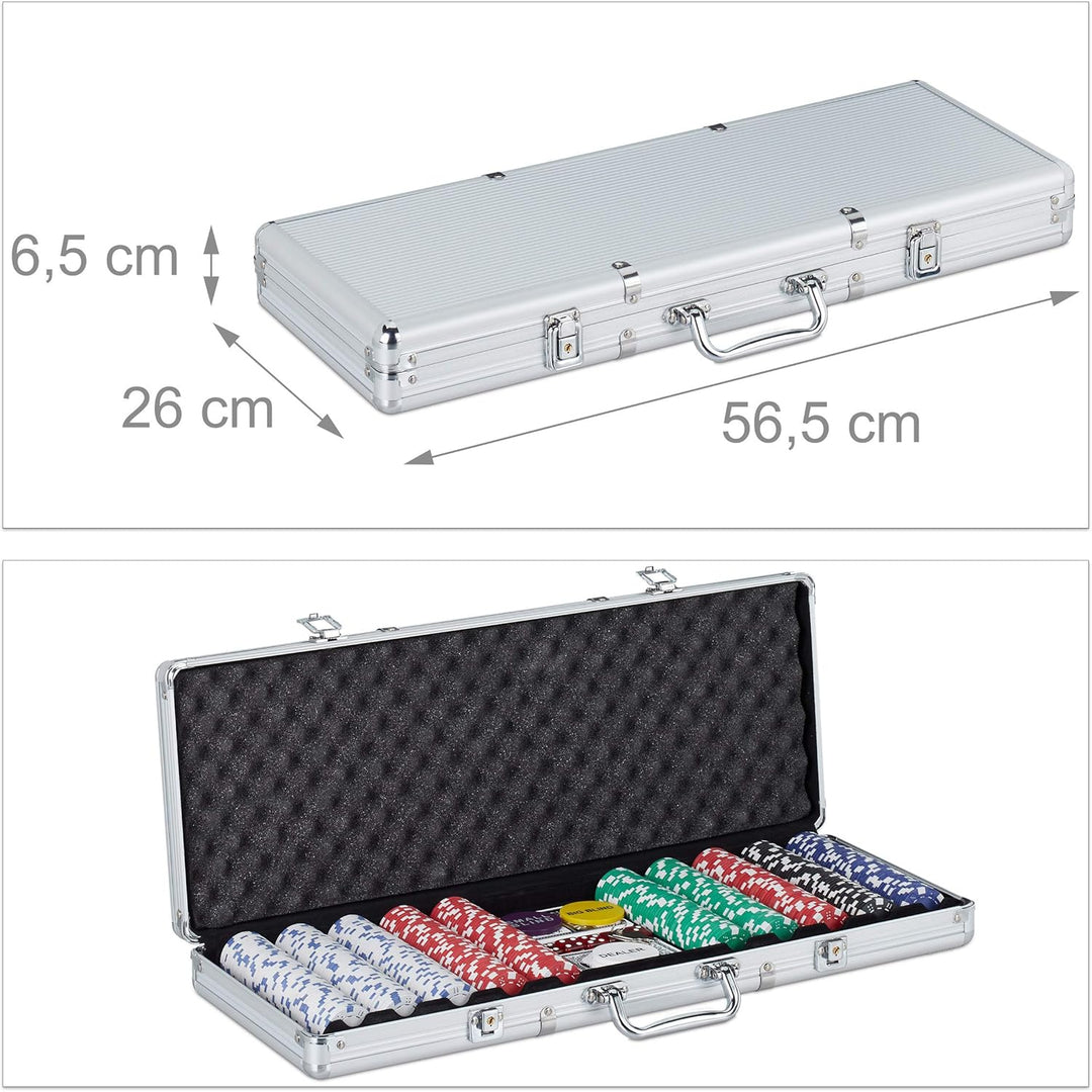 Relaxdays Pokerkoffer, 500 Pokerchips ohne Wert, 2 Kartendecks, 5 Würfel, Button Set, abschliessbar,