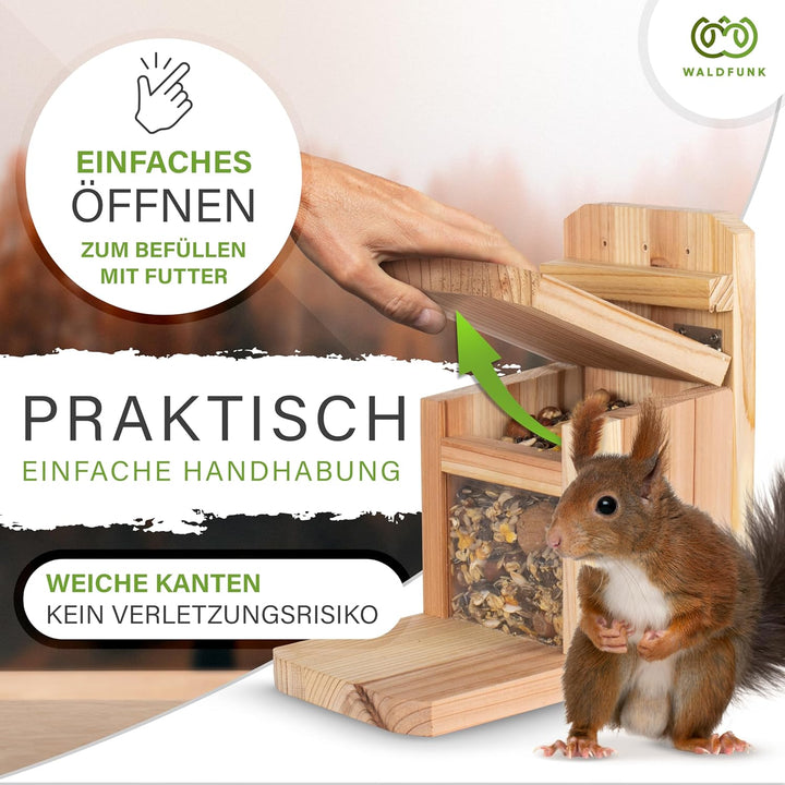 Eichhörnchen Futterstation – Wetterfestes Futterhaus aus Holz mit Belüftung, sicherer Klappmechanism