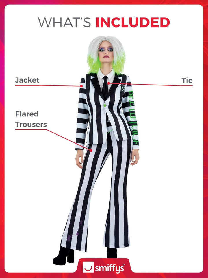 Smiffys Beetlejuice Kinderkleid mit abgetauchtem Saum, Rock, schwarz-weisse Streifen mit aufgedruckt