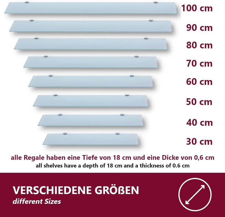 Euro Tische HOOZ Glasregal aus Sicherheitsglas 40 x 18 x 0,6 cm mit Halterung weiss 40 cm Weiss, 40