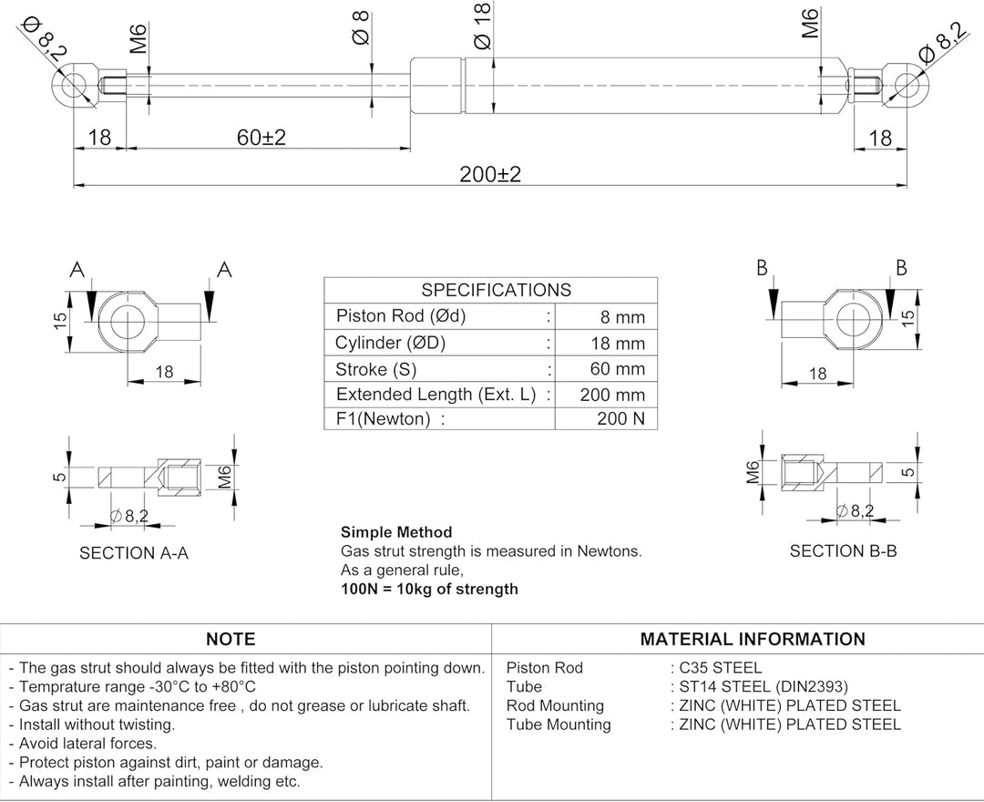 Universal Gasdruckfeder Gasdruckdämpfer Gasfeder Dämpfer für Türen, Autos, Kofferraum Motorhaubendäm