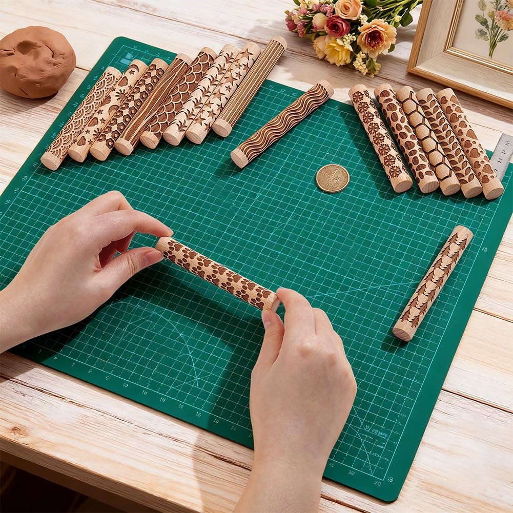UNICRAFTALE 10 Stück 10 Stile Holz Ton Textur Rollen Set Für Töpferkeramik Töpferstempel Rollen Werk
