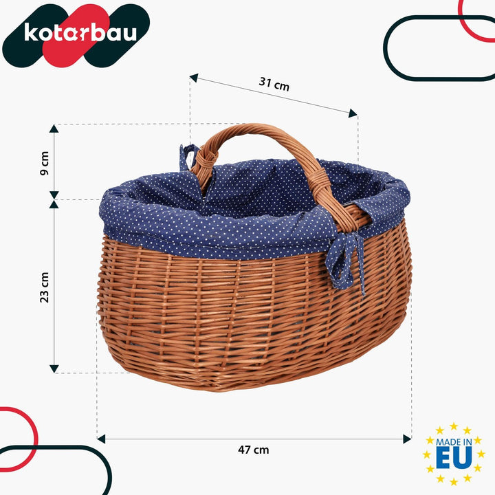 KOTARBAU® Natural Weidenkorb mit Henkel gross | mit Stoffeinlage in Blau | Tragekorb aus Weide Einka