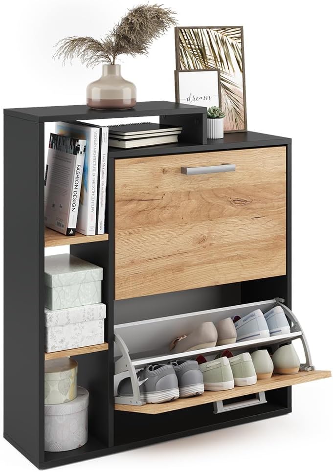 Vicco Schuhkipper Orlando, Goldkraft Eiche/Anthrazit, 24.5 x 90 cm 2 Fächern, mit zwei Klappregalen