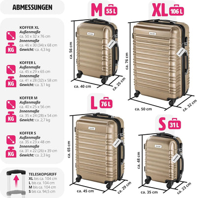 tectake® 4tlg. Hartschalenkoffer Set, Reisekoffer Set mit Rollen, Hartschale aus ABS, Koffer Set mit