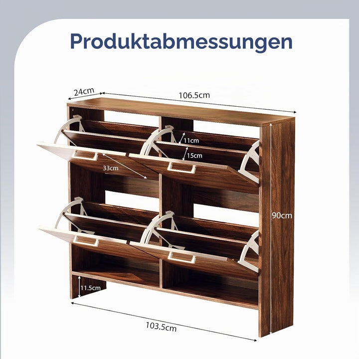 LEADZM Schuhschrank Schmal,Schuhkipper 106,5 x 24 x 90 cm Nussbaum | mit 4 Flip-Schubladen Schuhrega