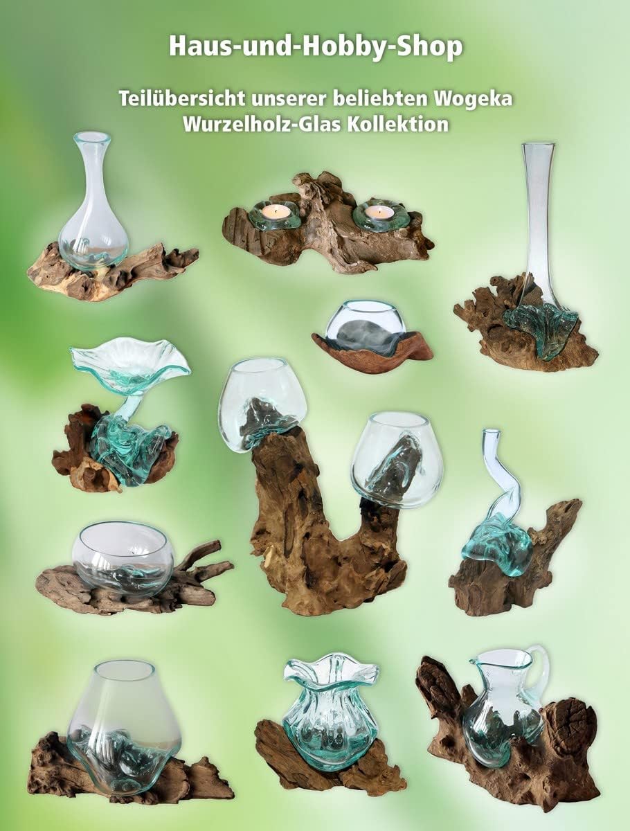 Wogeka - Designer Glasvase Rimini auf Wurzelholz - Blumenvase oder Deko-Glas als Geschenk-Idee zu Ge