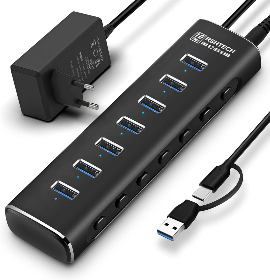 USB 3.2 Hub Aktiv mit Netzteil, RSHTECH Aluminium USB Hub 3.1 Gen2 mit 7*USB 3.2-Datenport (10Gbps),