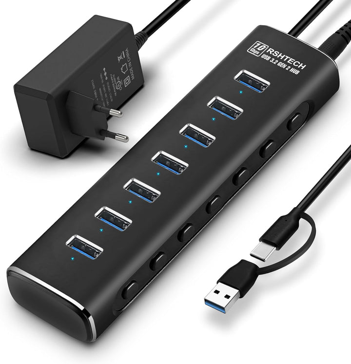 USB 3.2 Hub Aktiv mit Netzteil, RSHTECH Aluminium USB Hub 3.1 Gen2 mit 7*USB 3.2-Datenport (10Gbps),