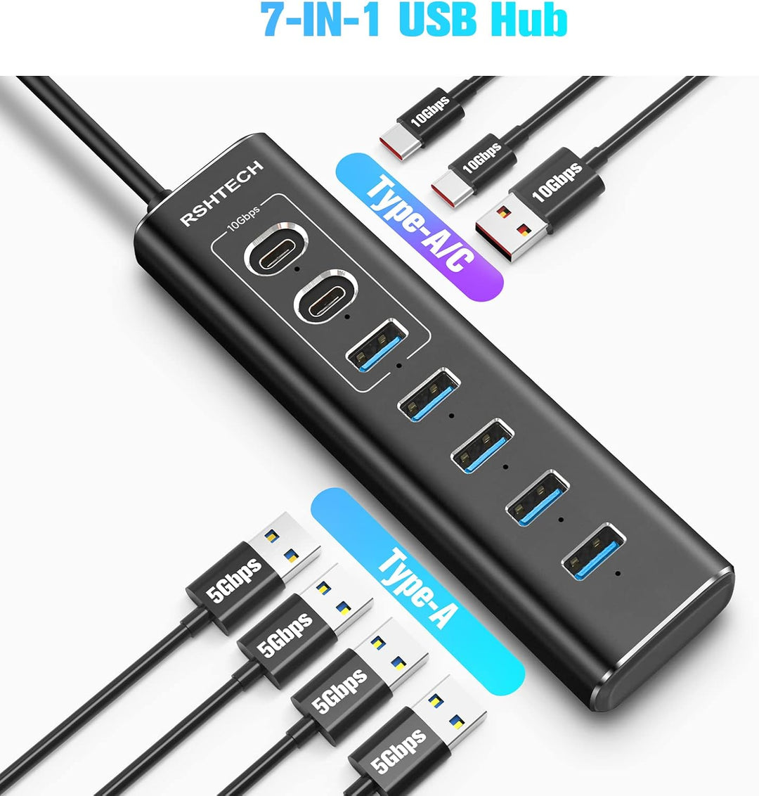 USB C Hub Aktiv mit Netzteil, RSHTECH 7-Port USB C 3.2 Hub Aktiv mit 3*10Gbps USB 3.2-Port (2*Typ-C,
