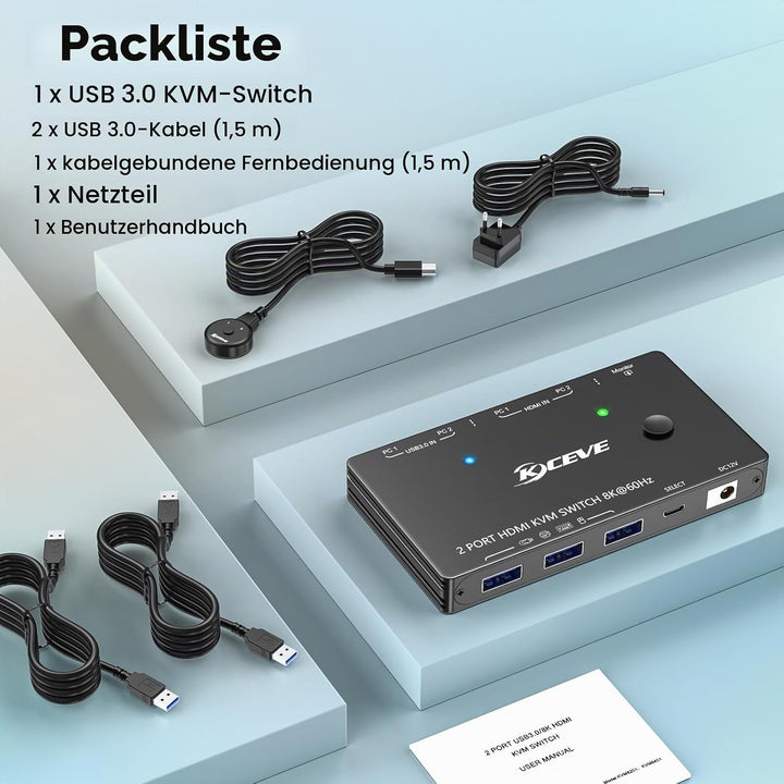 8K HDMI KVM Switch 2 Port 8K@60Hz 4K@120Hz, 2 PC 1 Monitor | USB 3.0 KVM Switch HDMI 2.1 für 2 Compu