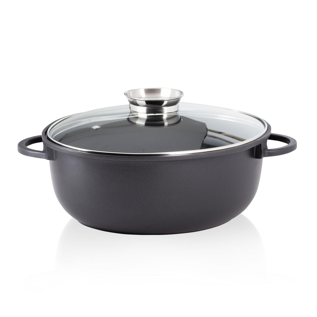 KHG Aluminium Bräter mit Glasdeckel & Aromaknopf 26x38 cm Oval 9 L - ILAG Xeradur®5 Antihaftbeschich