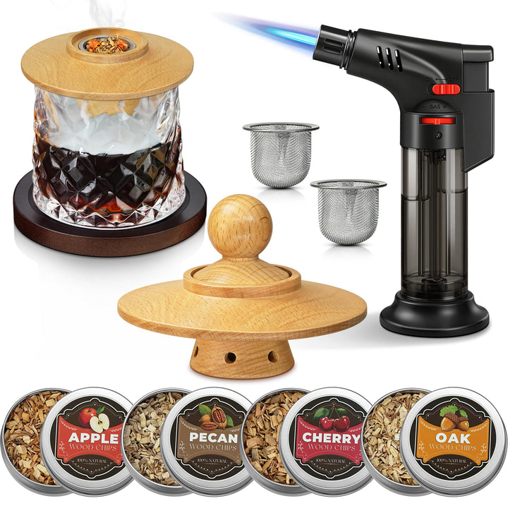 Whisky Räucher Set komplett mit Brenner und Holz-4 Geschmacksrichtungen, Cocktail Räucher Set mit Fl