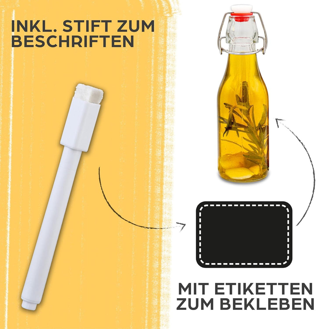 Praknu 6er Set Glasflaschen 250ml mit Bügelverschluss - Bügelflaschen Zum Befüllen - inkl. 6 Extra D