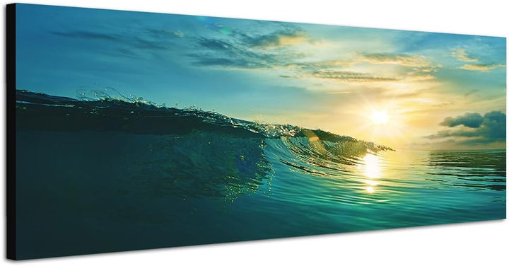 Paul Sinus Art Panoramabild auf Leinwand und Keilrahmen 150x50cm Meer Welle Wolkenschleier Sonnenunt