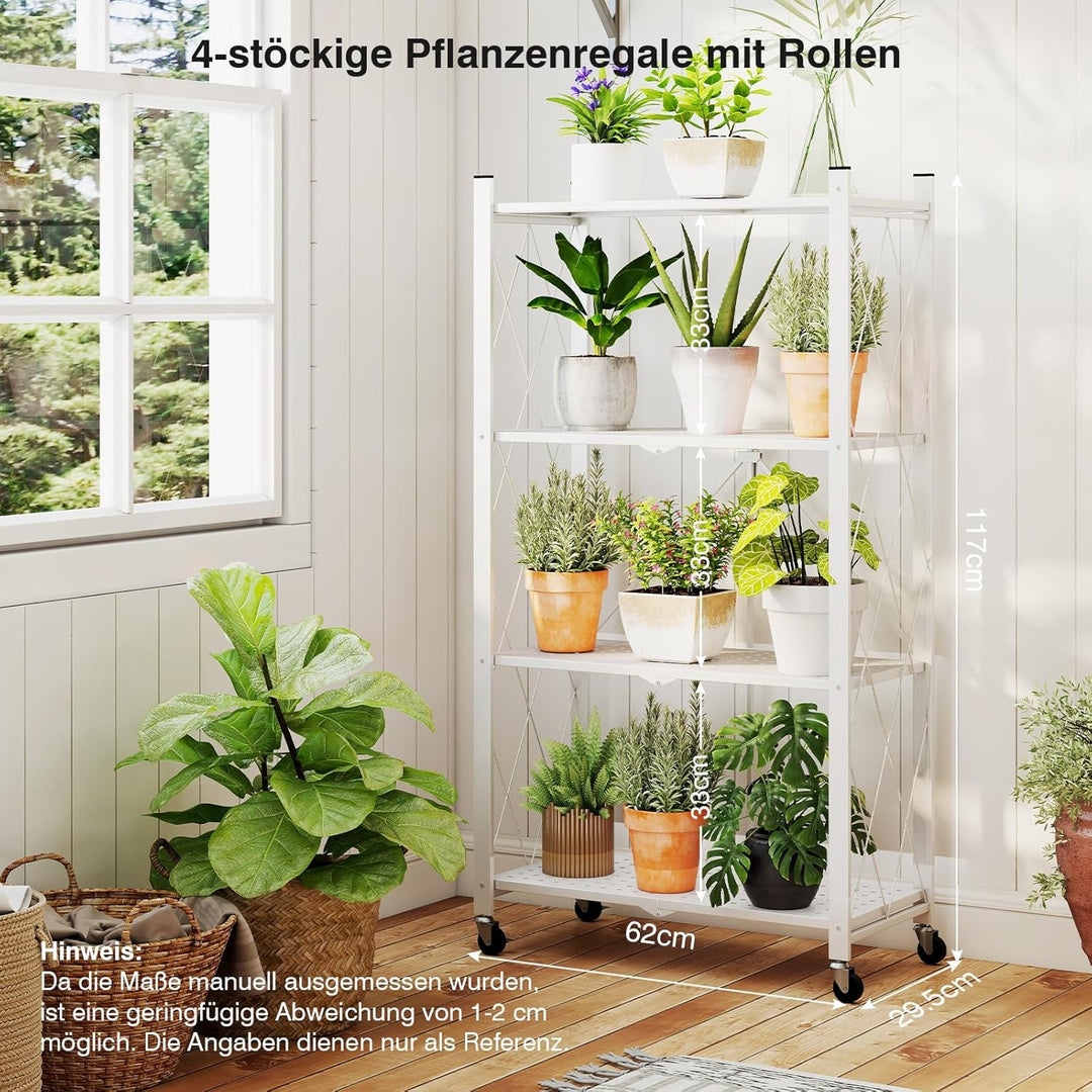 ALANNG Blumenständer mit Rädern, 4 Ablagen Stabiler Pflanzenständer, Metall Pflanzenregal Indoor Ein