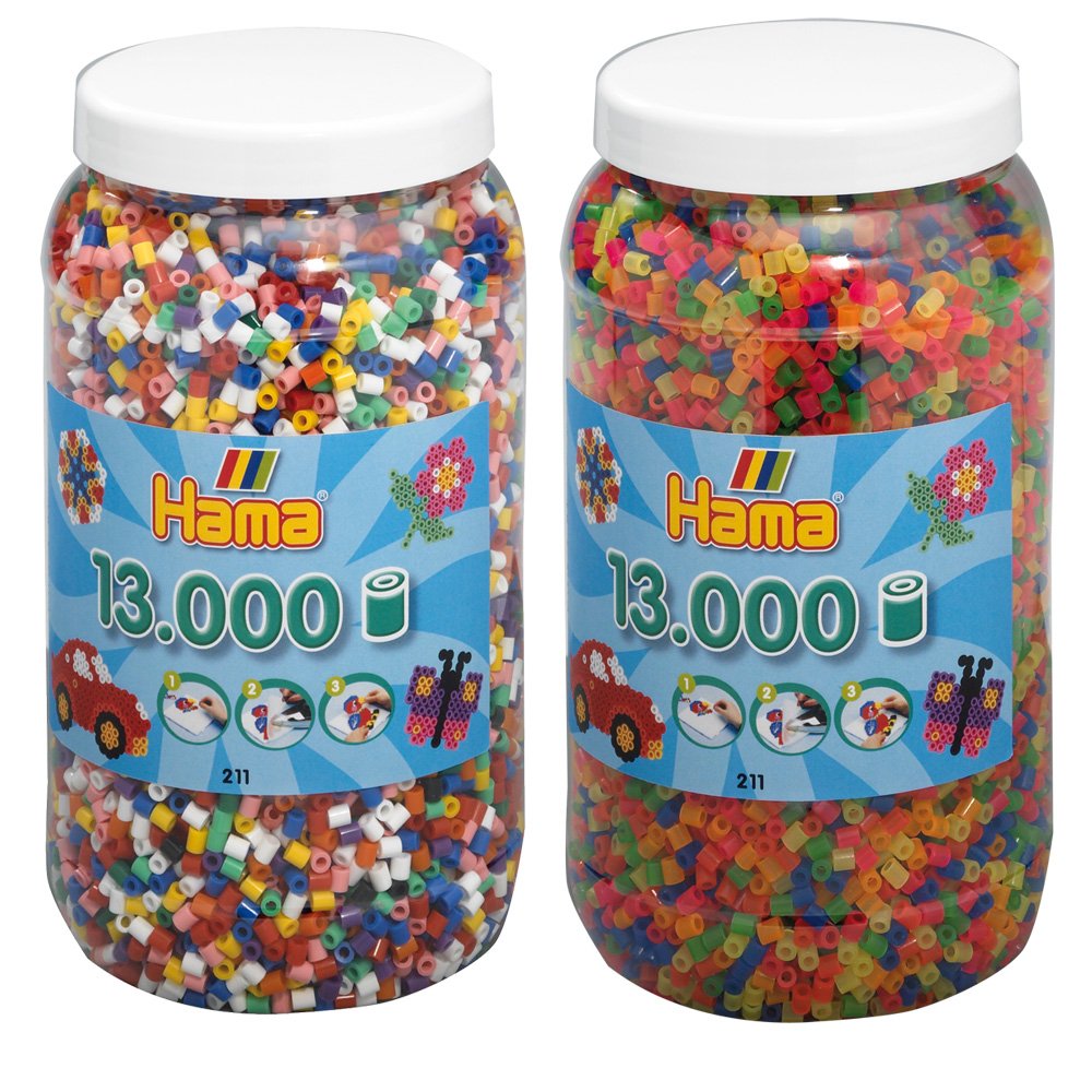 Hama Bügelperlen 2-tlg Set Perlendose 211-00 Vollton + 211-51 Neon je mit 13000 Perlen = 26000 Perle