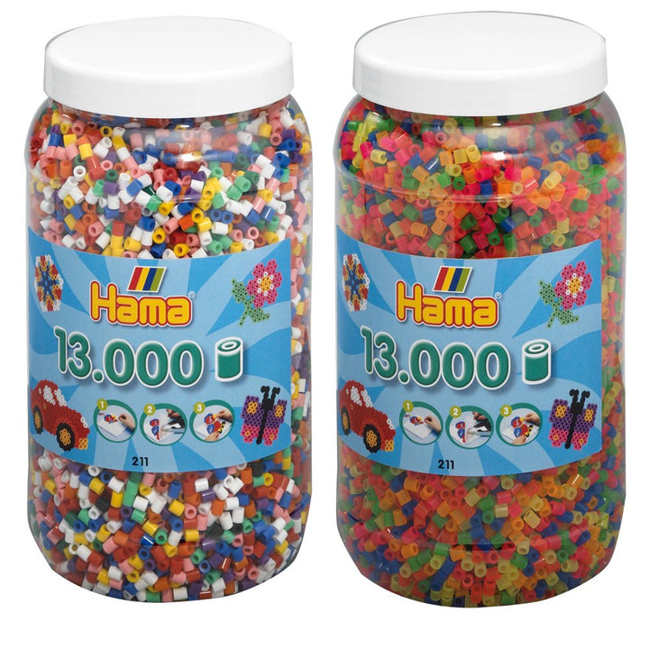 Hama Bügelperlen 2-tlg Set Perlendose 211-00 Vollton + 211-51 Neon je mit 13000 Perlen = 26000 Perle
