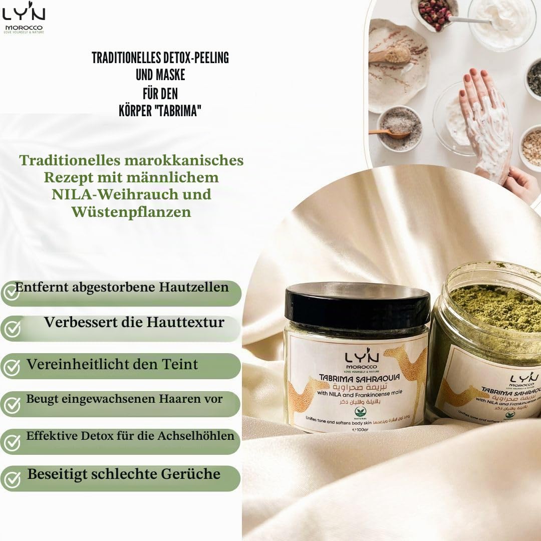 Ly'n Morocco TABRIMA SAHRAOUIA NILA und Weihrauch männlich Körpermaske Exfoliant für Knie, Ellbogen,
