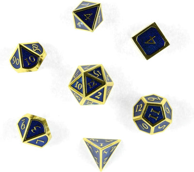 shibby 7 polyedrische Metall-Würfel für Rollen- und Tabletopspiele in Steampunk Gold-blau-Optik inkl