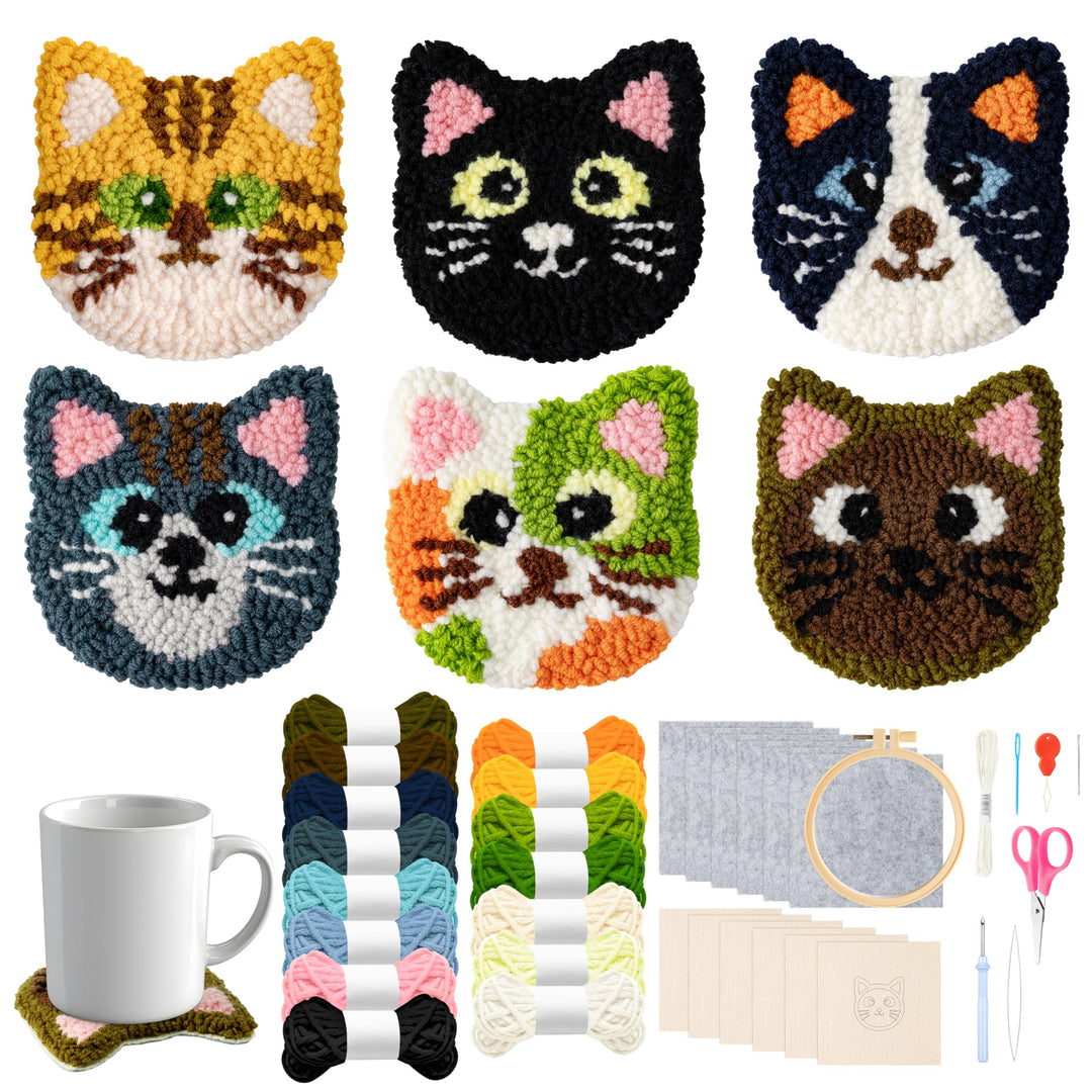 WATINC Punch Needle Untersetzer Kit Punch Needle Untersetzer Kit Katze DIY Handwerk Stickerei Kit Ea