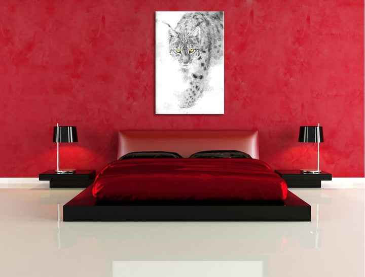wachsamer Luchs im Schnee schwarz/weiss Deluxe Format: 100x70 cm auf Leinwand, XXL riesige Bilder fe