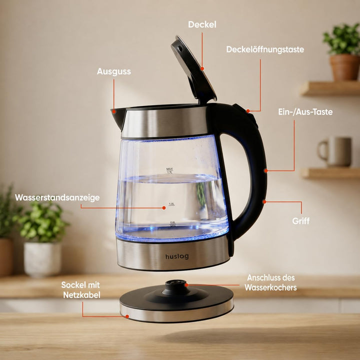 Wasserkocher Glas 1,7 Liter, 2200 Watt, LED-Beleuchtung, 100% BPA Frei, Verdicktes Glas Wasserkocher