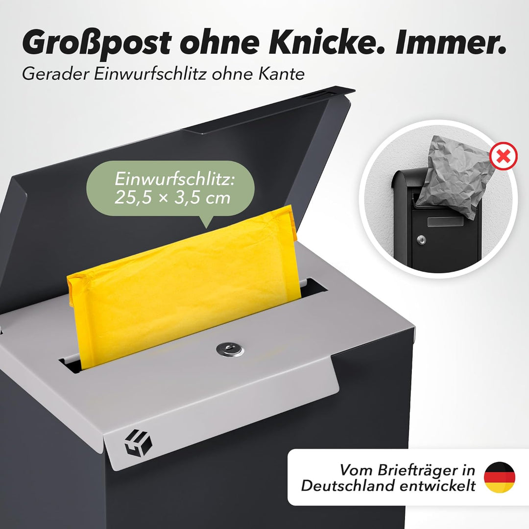 Briefkasten RAL 7021 Schwarz-grau | Vom Briefträger entwickelter XL-Wandbriefkasten für Päckchen & P