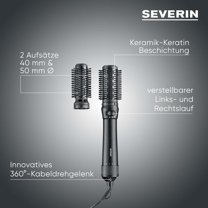 Severin Warmluftbürste rotierend, Föhnbürste mit 2 Aufsätzen (40mm und 50mm), 2 Temperatureinstellun