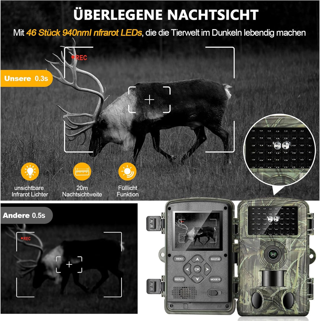 Wildkamera WLAN, 4K Video Wildtierkamera WiFi, 32GB 120° Testsieger 60MP mit 2,0 Zoll LCD-Bildschirm