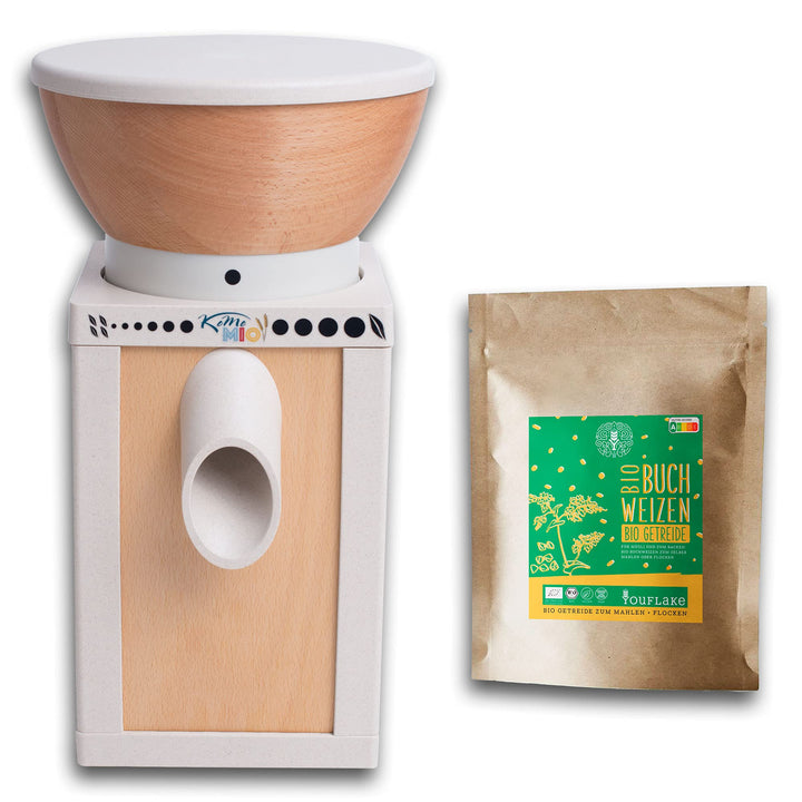 KoMoMio natur| Made in Austria | Edelkorund und Keramik Mahlstein | + 2,5 kg Bio Buchweizen KoMoMio