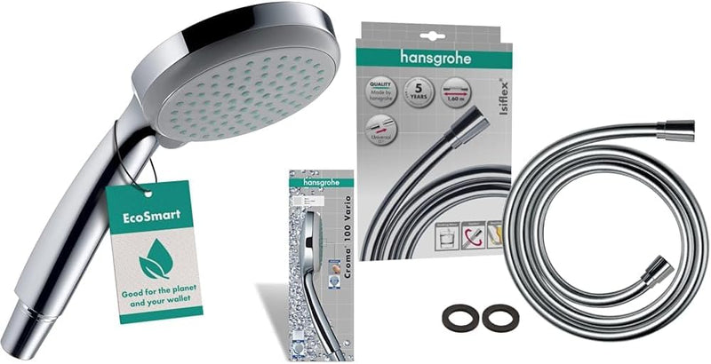 hansgrohe Duschset mit wassersparendem Duschkopf Croma 100, Sparduschkopf, 4 Strahlarten + hansgrohe