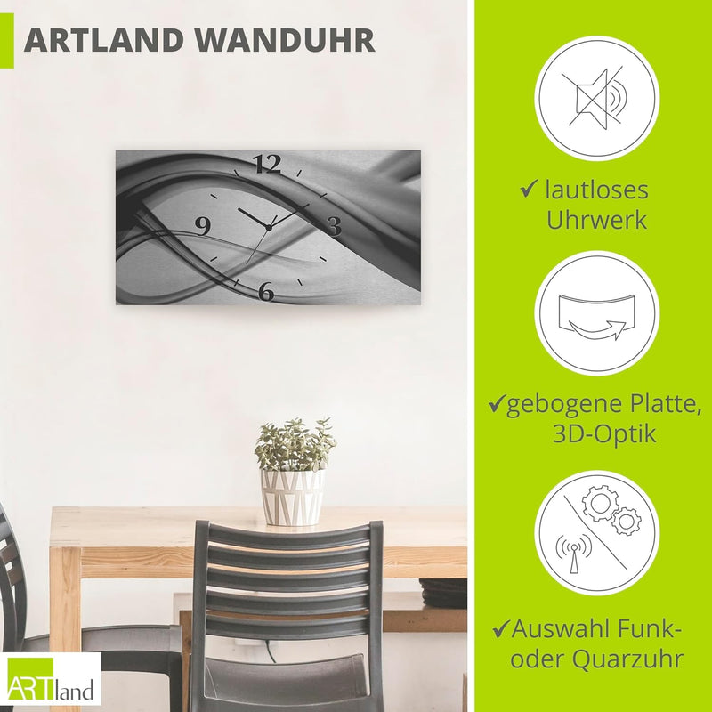 ARTLAND Wanduhr ohne Tickgeräusche Alu Quarzuhr 60x30 cm Eckig Lautlos 3D Design Welle Abstrakt Mode