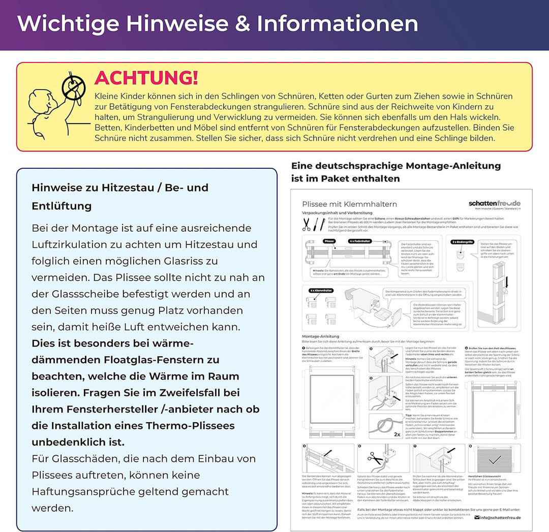 SchattenFreude Waben-Plissee für Fenster | 100% verdunkelnd/Blackout | Mit Klemm-Haltern | Klemmfix