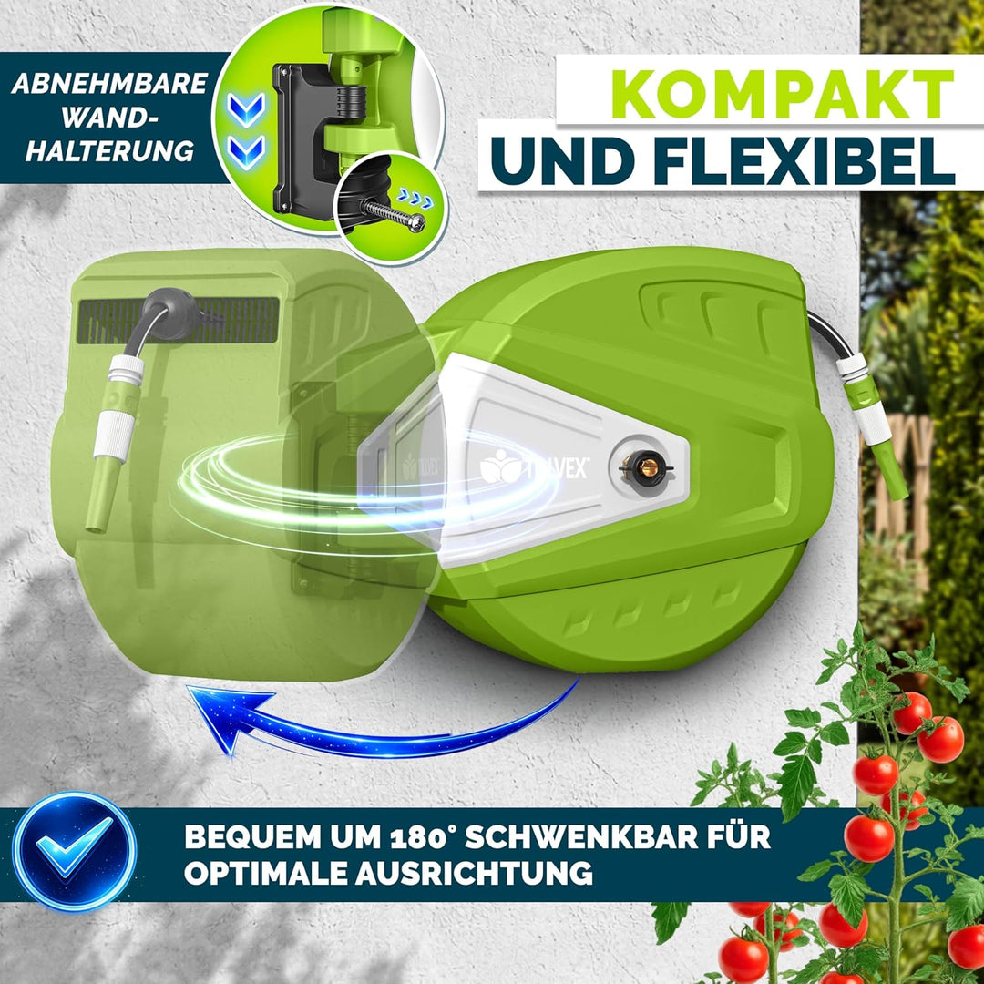 tillvex Schlauchtrommel Wasser mit Wandhalterung + Tragegriff | Schlauchaufroller mit Handbrause und