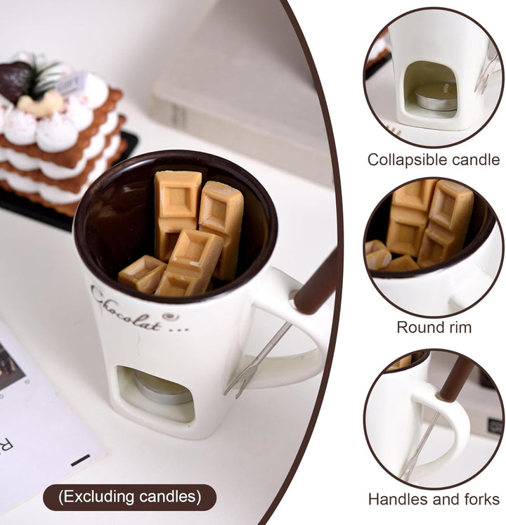BEAHING 2pcs Schokoladenfondue Tasse 200 ml hitzebeständige Keramikschokoladenfondue mit Gabeln glat
