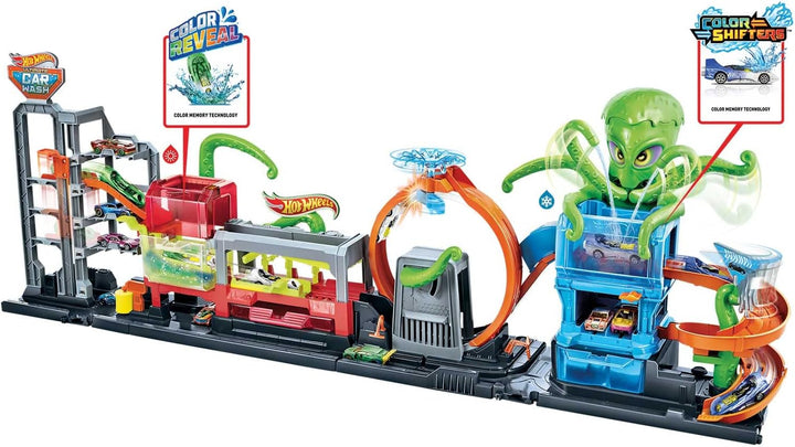Hot Wheels HBY96 - City Color Reveal Ultimative Auto-Waschanlage Spielset mit Wassertanks und 1 Farb