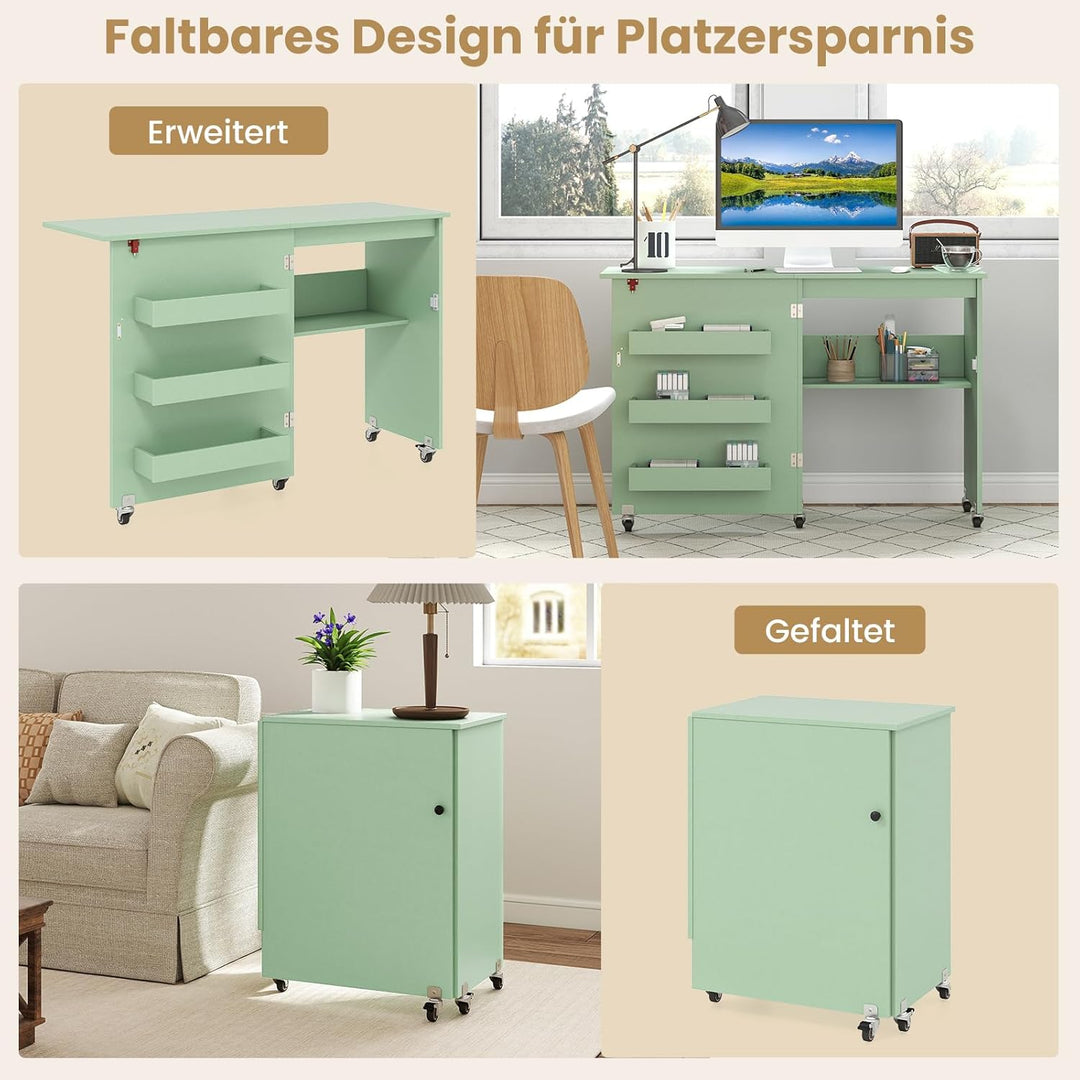 COSTWAY 2 in 1 Nähtisch klappbar, Nähmaschinenschrank Holz mit Regalen & Ablagefach, Nähschrank mit