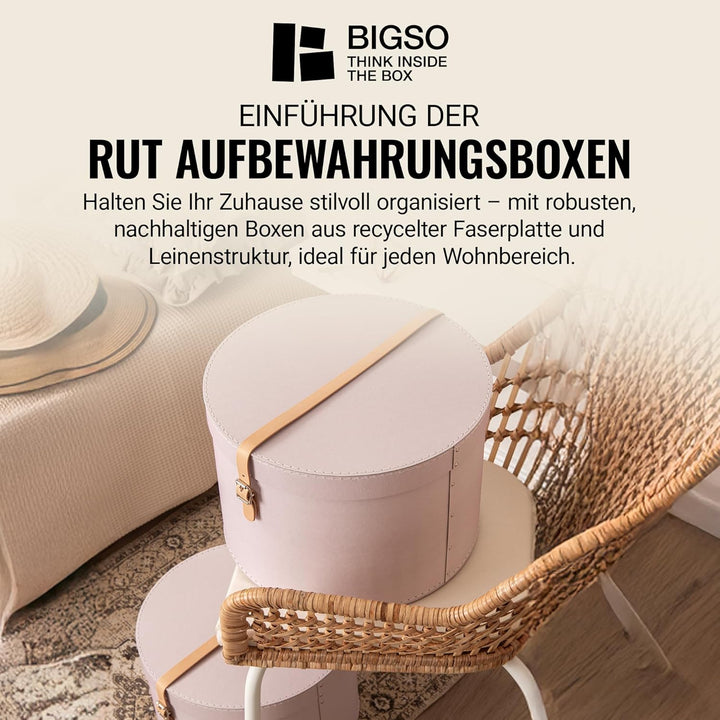 BIGSO RUT 2er-Set Aufbewahrungsbox mit Deckel – runde Ordnungsbox mit Lederriemen – grosse und klein