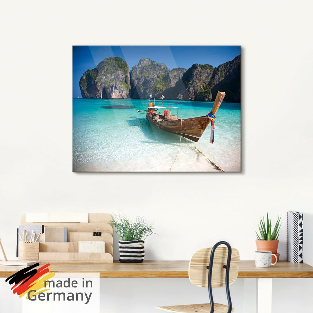 ARTland Glasbilder Wandbild Glas Bild einteilig 125x50 cm Querformat Strand Meer Südsee Boot Thailan