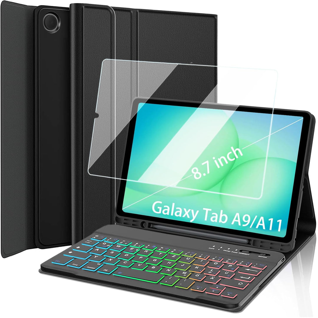 Tastatur Hülle mit Schutzfolie für Samsung Galaxy Tab A11/A9 8.7 Zoll (2025/2023) Tablet, 7-Farben B