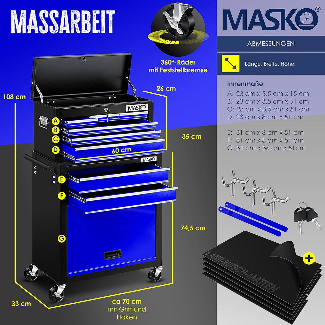 MASKO® Werkstattwagen inkl. Koffer - 9 Fächer Abschliessbar | Massives Metall | Mobiler Werkzeug-Wag