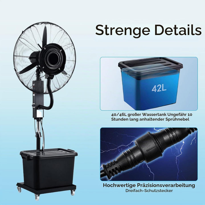Ventilator für innen und aussen mit Sprühsystem, Schwarz tragbarer Sprühtank, 20 m~50m, Stand- &amp; Tis