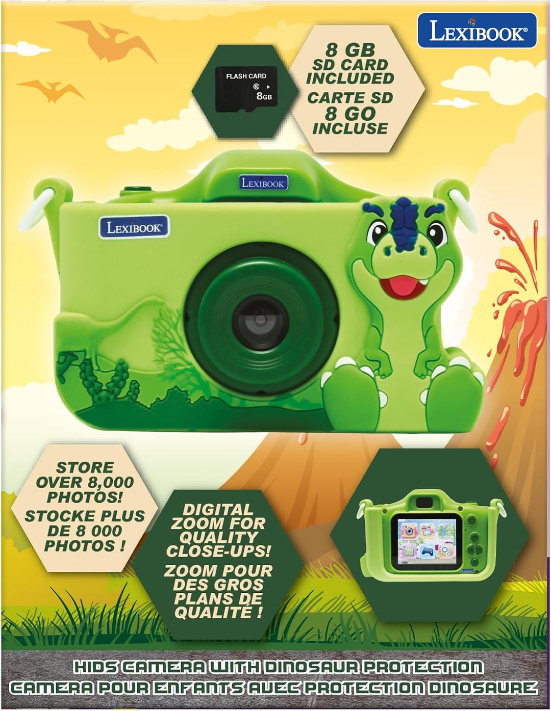 Lexibook, Dinosaurier, 4-in-1-Kamera für Kinder mit Schutz, Foto-, Video-, MP3- und Spielfunktionen,