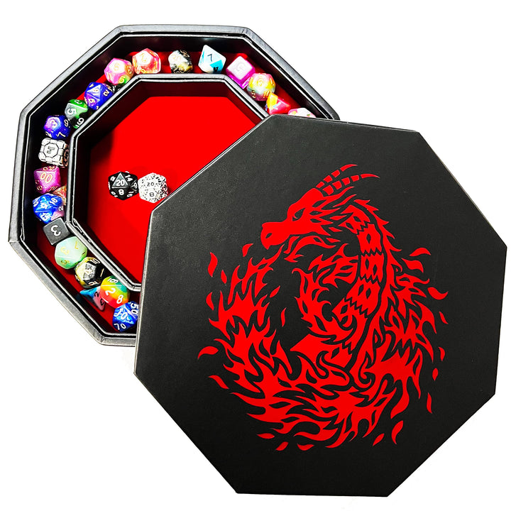 Fantasydice - Rot - Feuerdrache - Würfeltablett - 20,3 cm achteckig mit Deckel und Würfelfel-Bereich