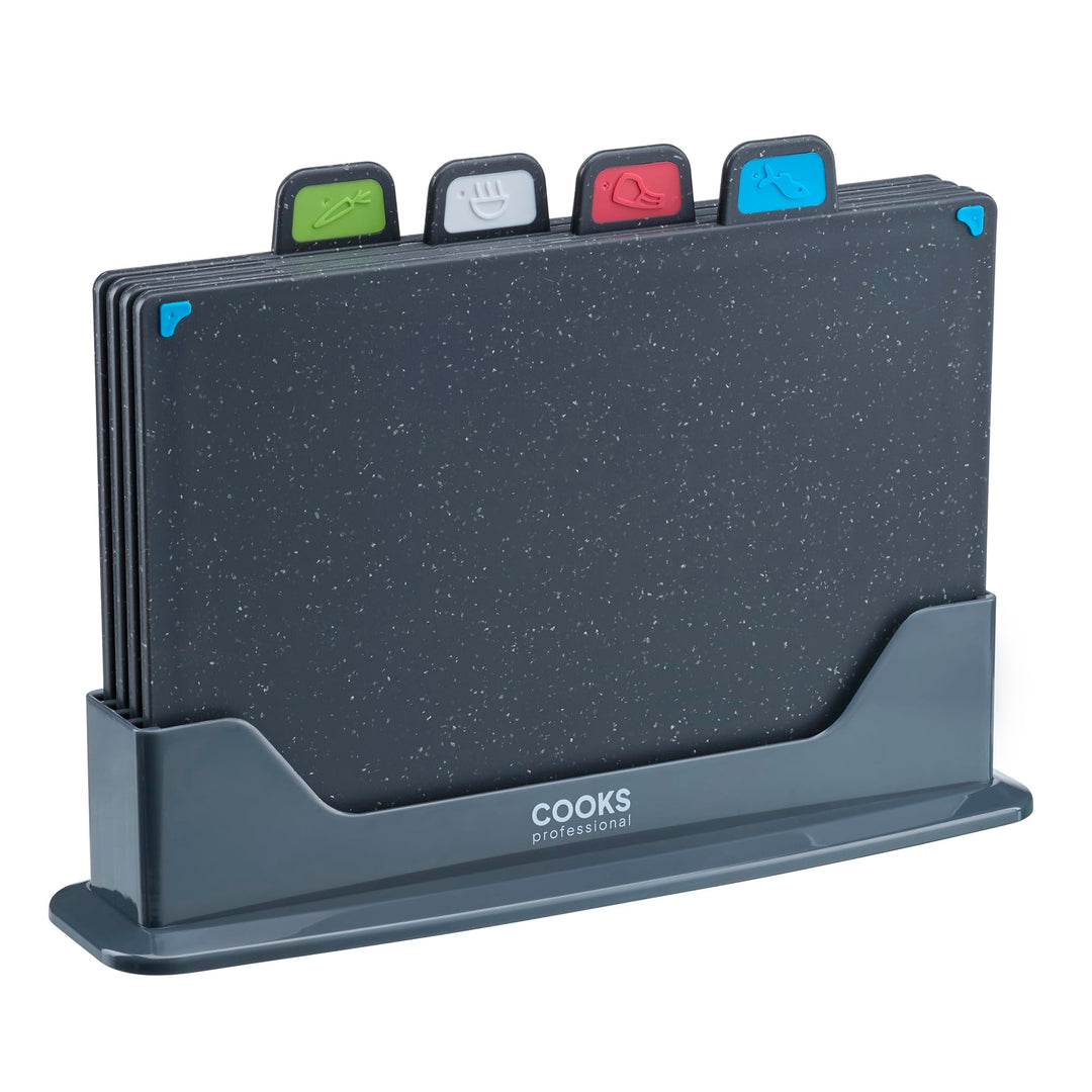 Cooks Professional Index Schneidebrettset Vier Schneidebretter aus Kunststoff mit Aufbewahrungskoffe