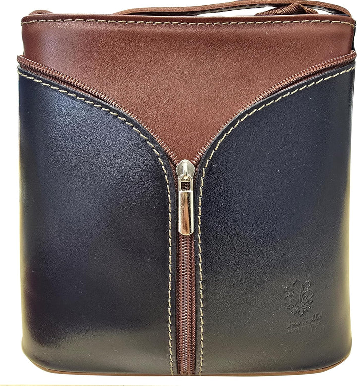 modamoda de - D19 - ital Kleine Umhängetasche aus Leder Braun/Dunkelblau, Braun/Dunkelblau
